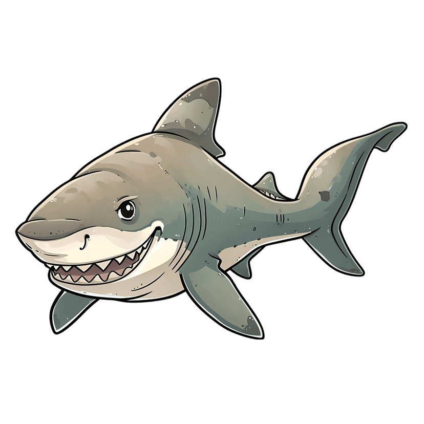Great white shark cartoon swims in profile view showing rows of sharp teeth on a clear background.