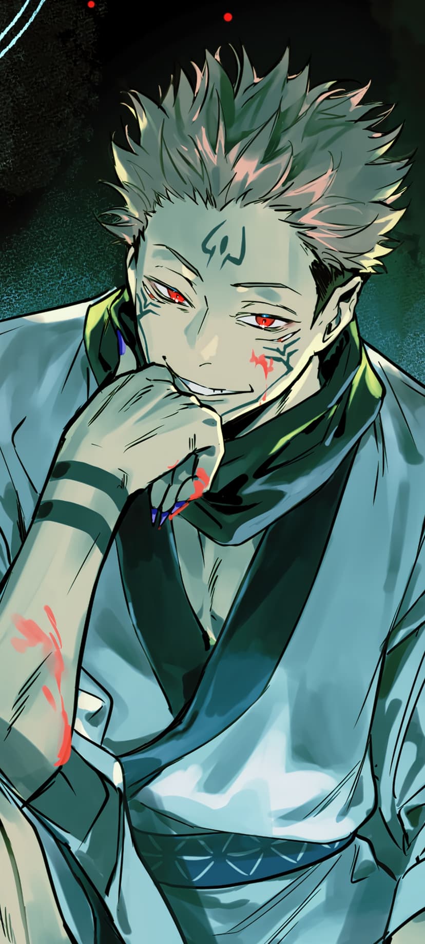 Sukuna smiles with crimson eyes and black facial markings, featuring sharp ink lines and a muted color palette.