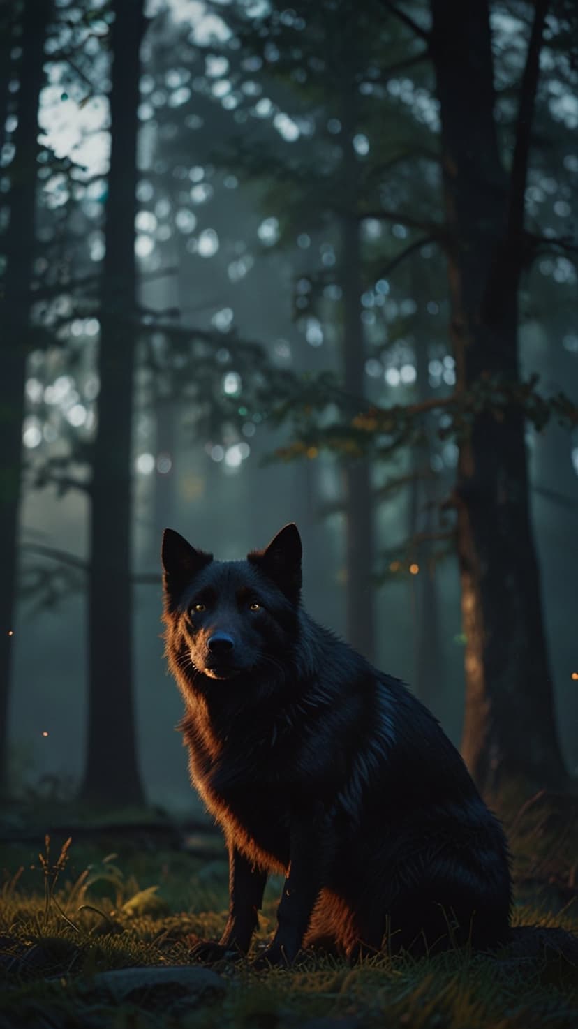 Black wolf with piercing eyes sits in a misty woodland filled with floating embers and towering ancient trees.
