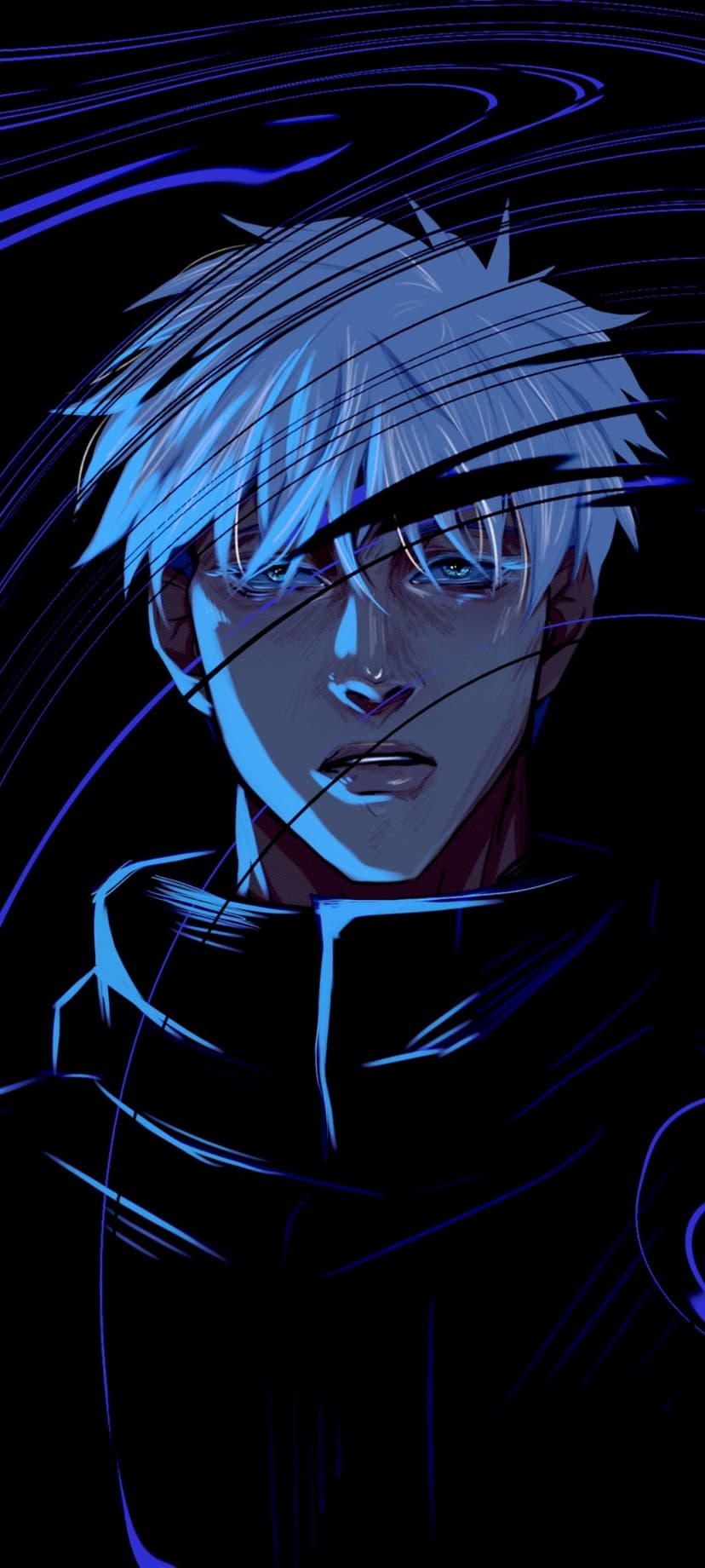 Gojo Satoru with white hair and glowing blue eyes amidst swirling azure energy on a dark, abstract background.