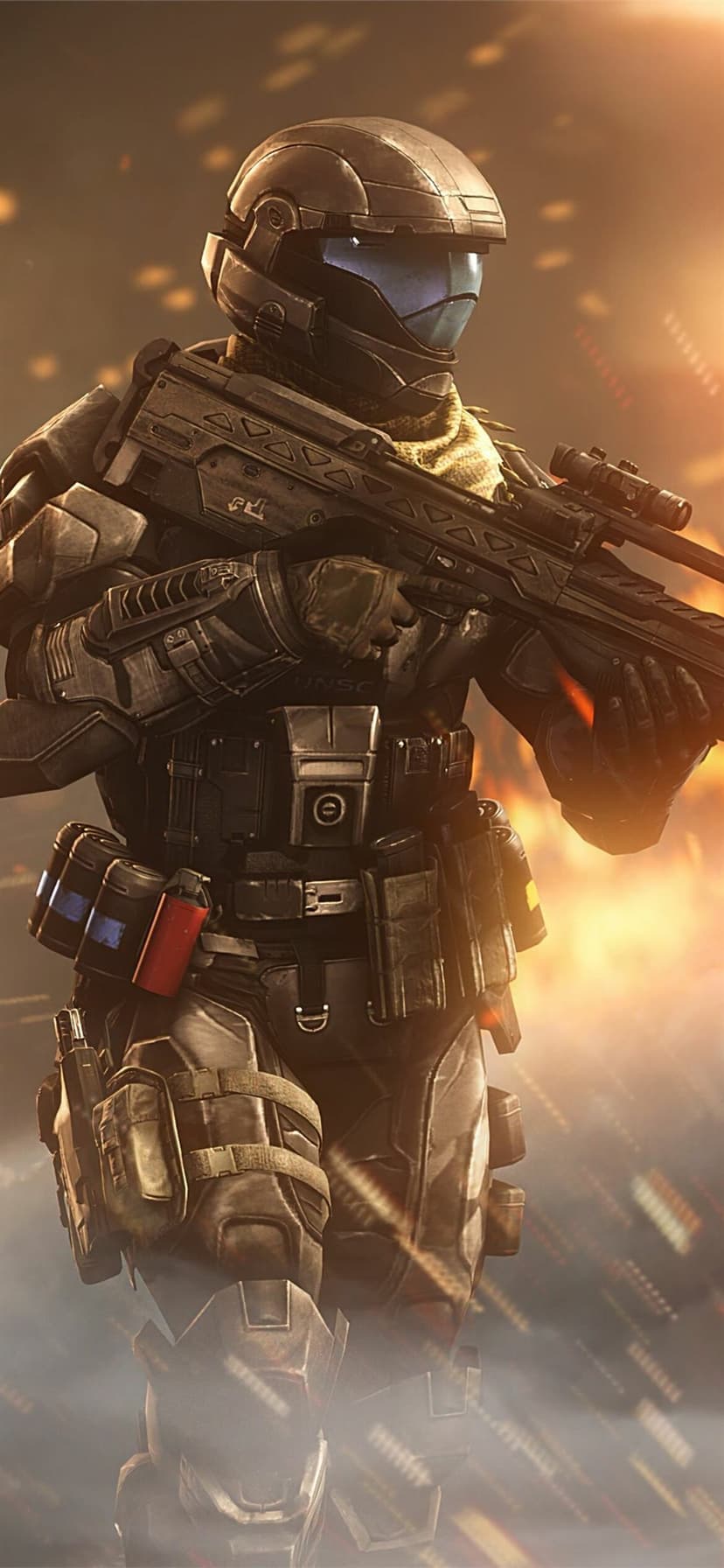 ODST soldier in dark armor with a blue visor holding a rifle amidst orange fire and floating embers.