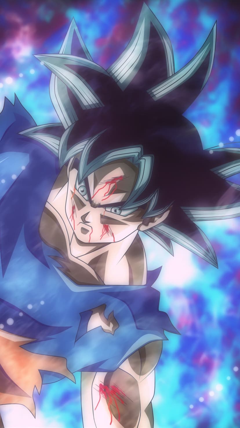 Goku with silver hair and battle scars stands amidst a radiant blue energy aura in a portrait orientation.