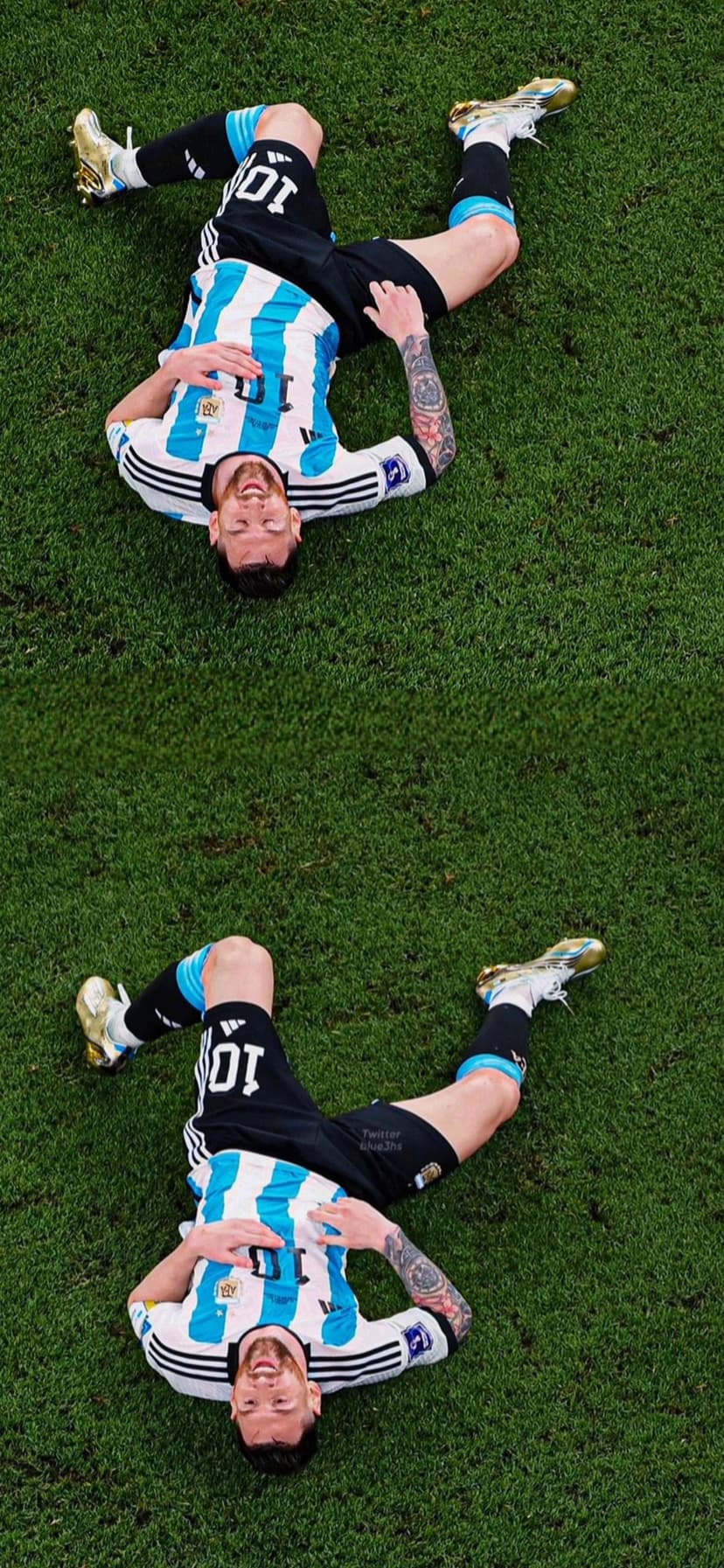 Lionel Messi lying on green grass wearing the Argentina jersey with his arms spread in a victory celebration.