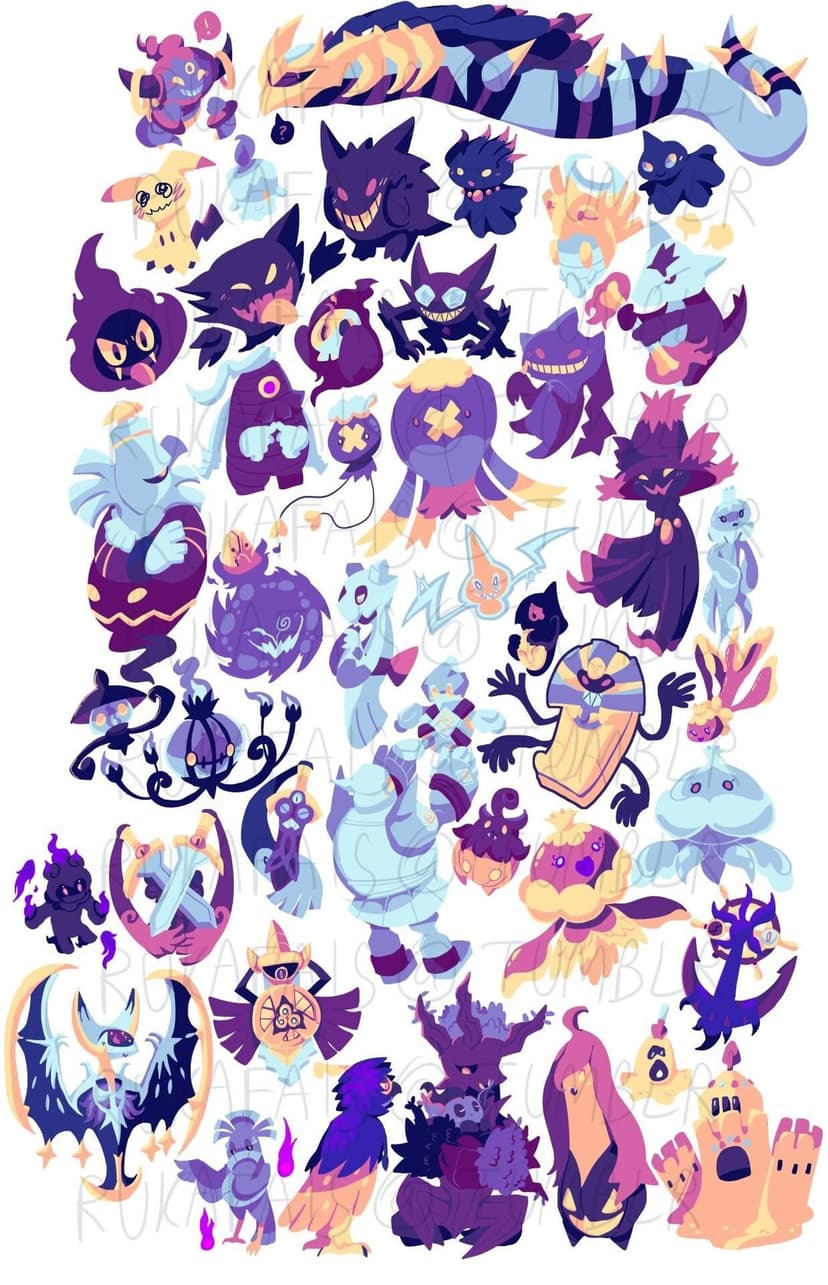 Stylized Ghost-type Pokemon collage with Gengar and Mimikyu in purple and pink tones on a white background.