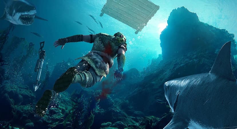 Wounded diver swims toward a raft while two sharks circle in deep blue sunlit ocean waters with coral reefs.