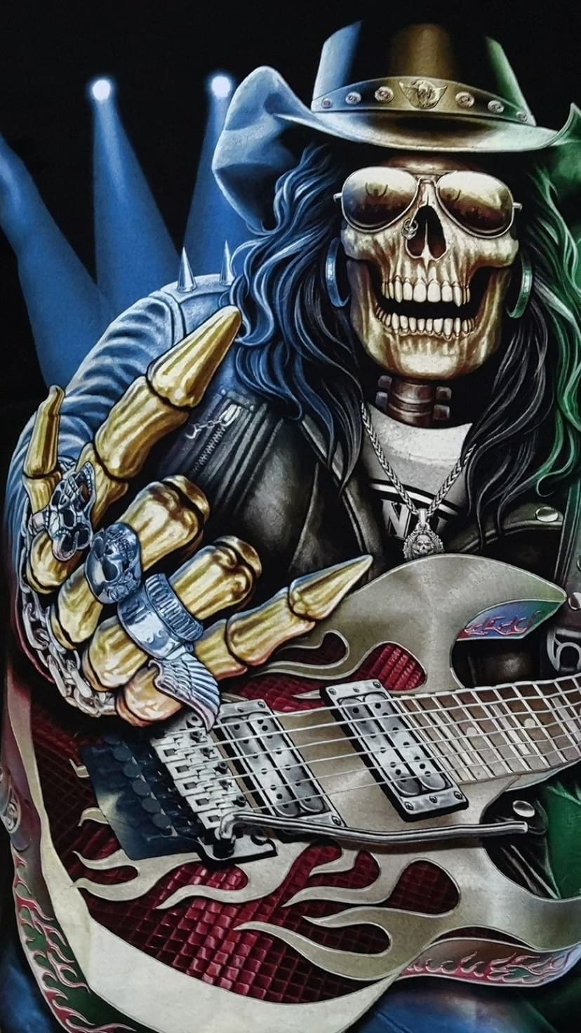 Skeleton musician with long hair wearing a cowboy hat and sunglasses playing a flaming electric guitar on stage.