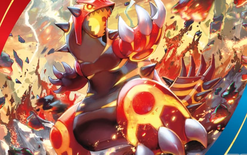 Primal Groudon roaring amidst lava and smoke with glowing orange magma veins and sharp silver claws.
