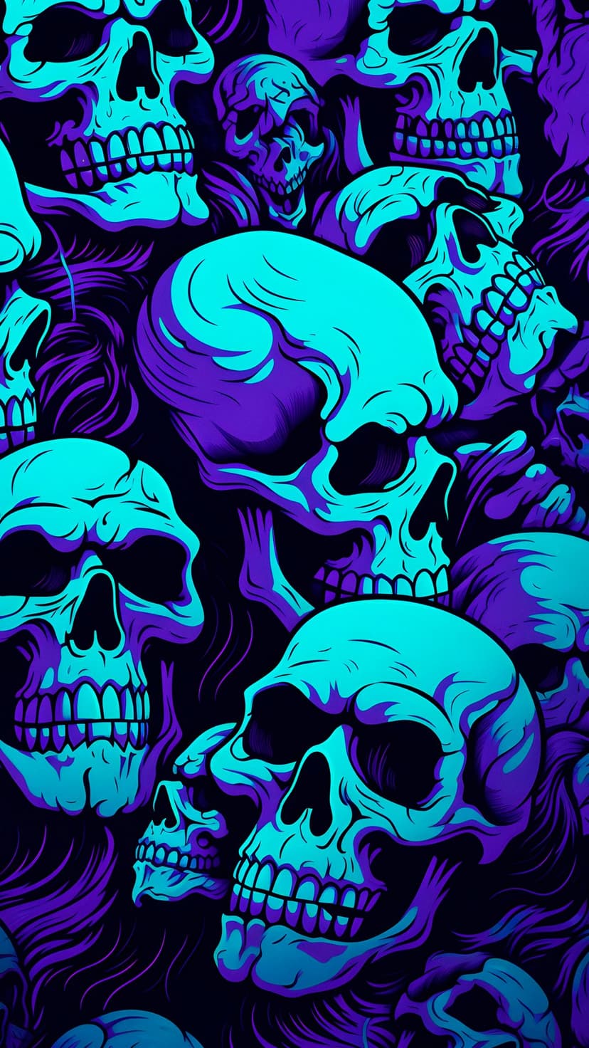Stylized neon purple and teal skulls form a repeating pattern with glowing energy swirls over a dark background.