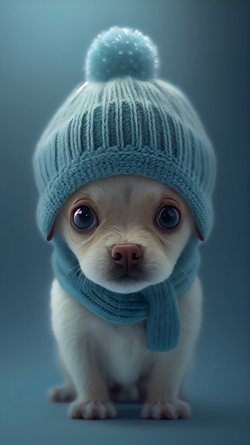 Small white puppy wearing a blue knitted beanie and scarf looks directly forward with large dark eyes.