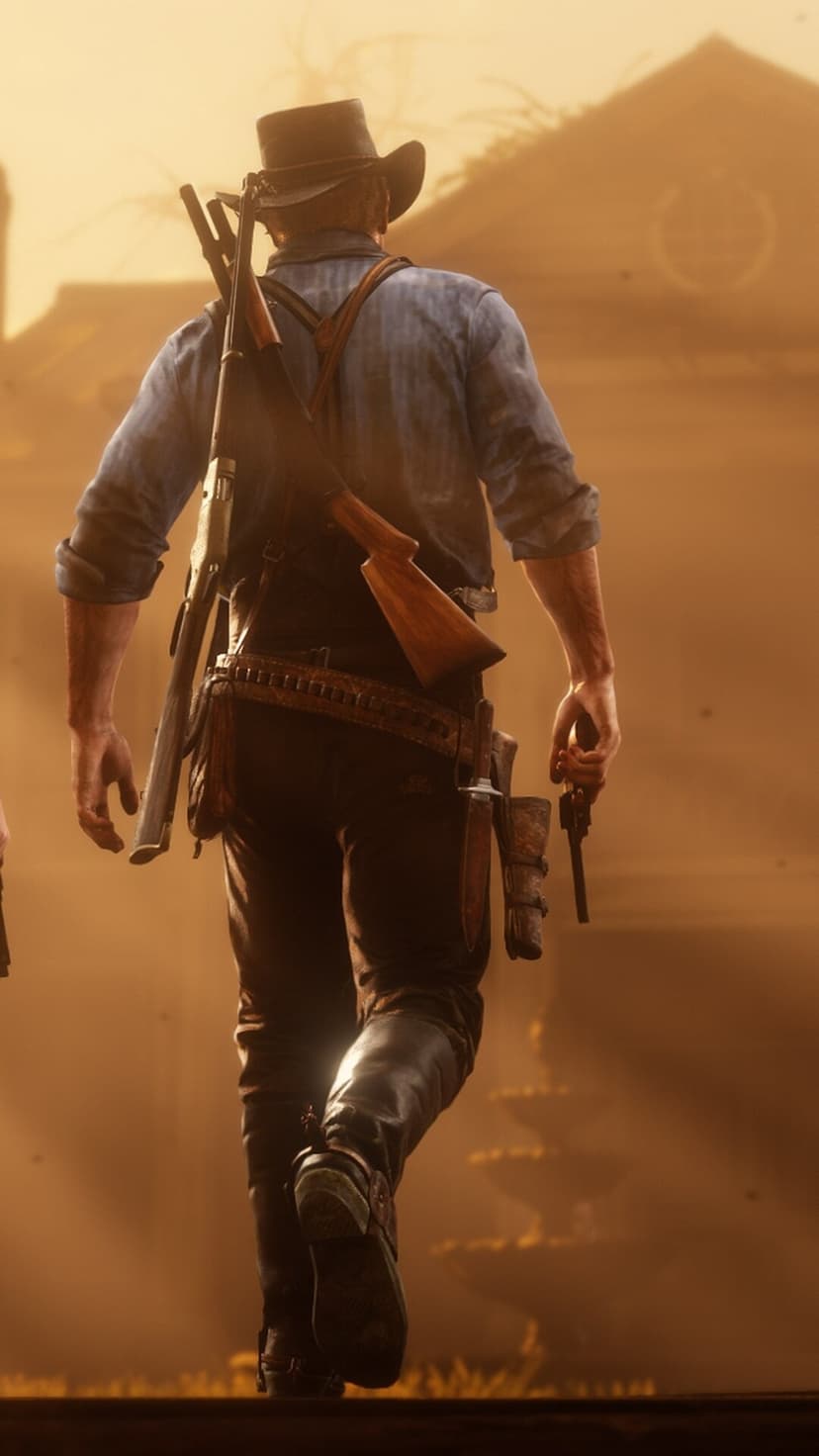 Cowboy walking through golden dust toward a building with rifles on his back and a revolver in hand.