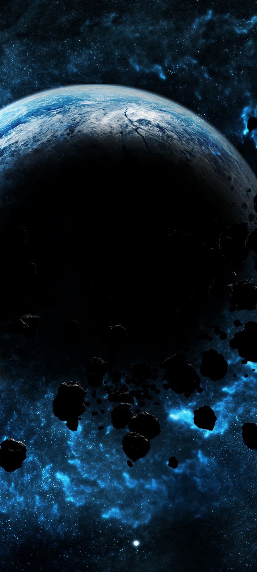 Shadowed planet surrounded by dark floating asteroids against a luminous blue gas cloud in deep outer space.