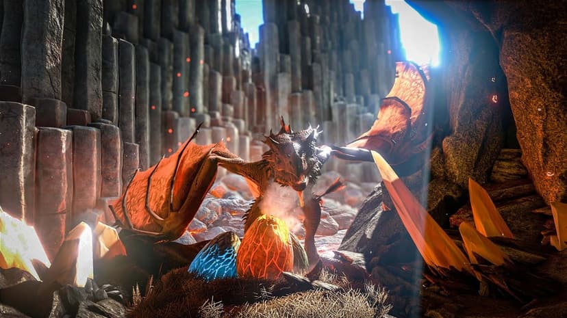 Fire dragon with glowing wings standing over two illuminated eggs in a basalt column volcanic canyon.