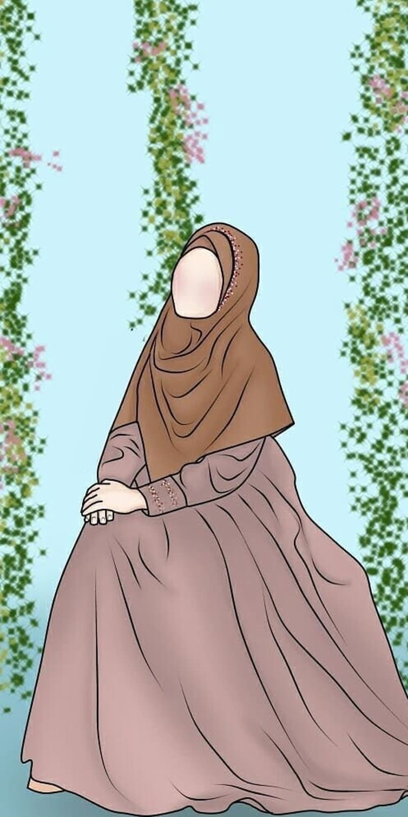 Muslim woman wearing a brown hijab and pink dress sits peacefully amidst climbing green vines and pink flowers.