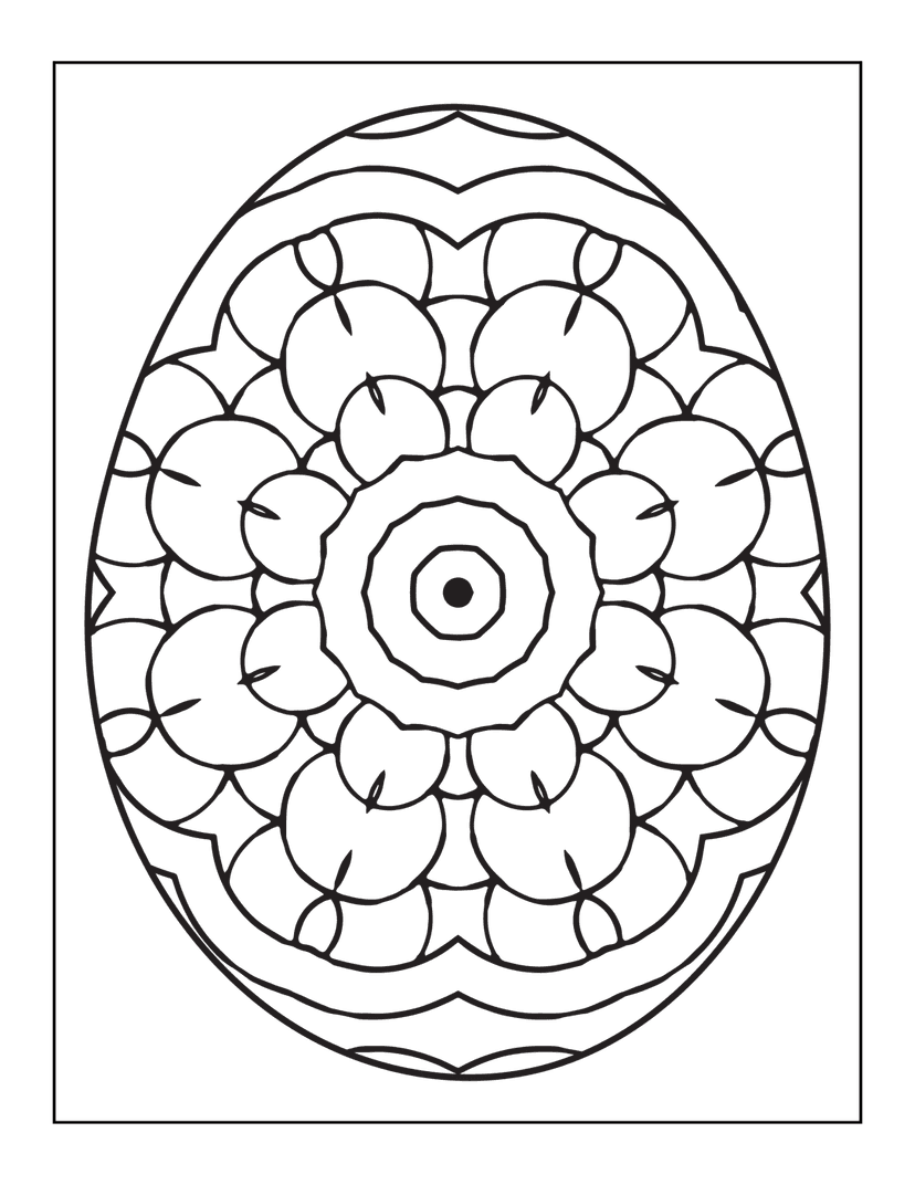 Mandala egg outline featuring symmetrical floral patterns and geometric line art in a high-contrast black ink style.