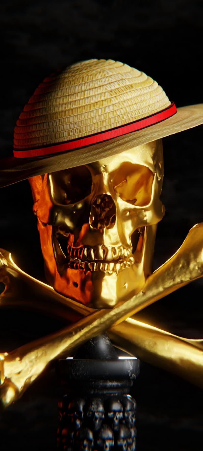 Golden skull with a straw hat and red band sits above crossed golden bones on a dark, textured stone pedestal.
