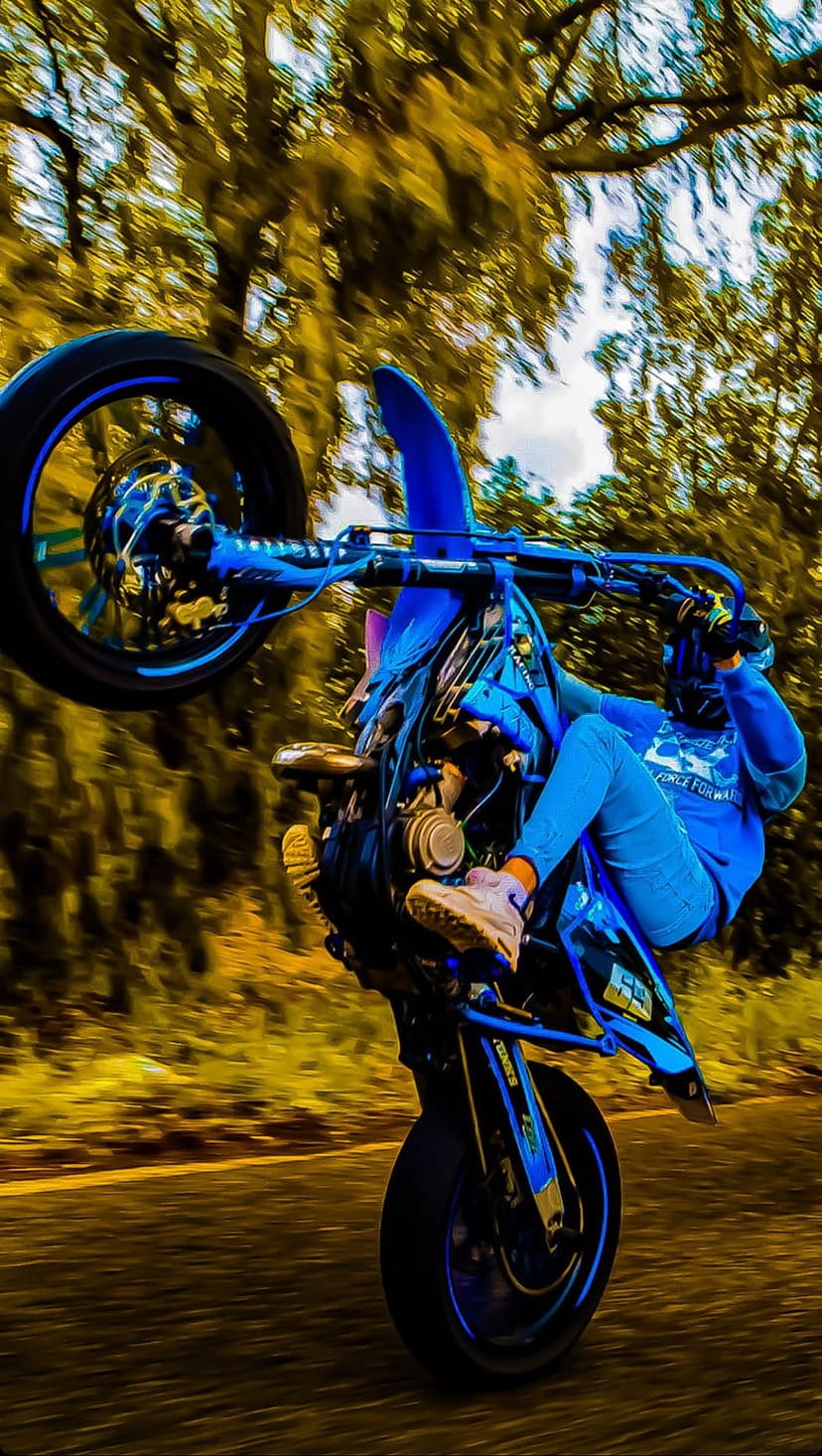 Motorcyclist in blue gear performs a wheelie on a blue sportbike against a blurred green forest road background.