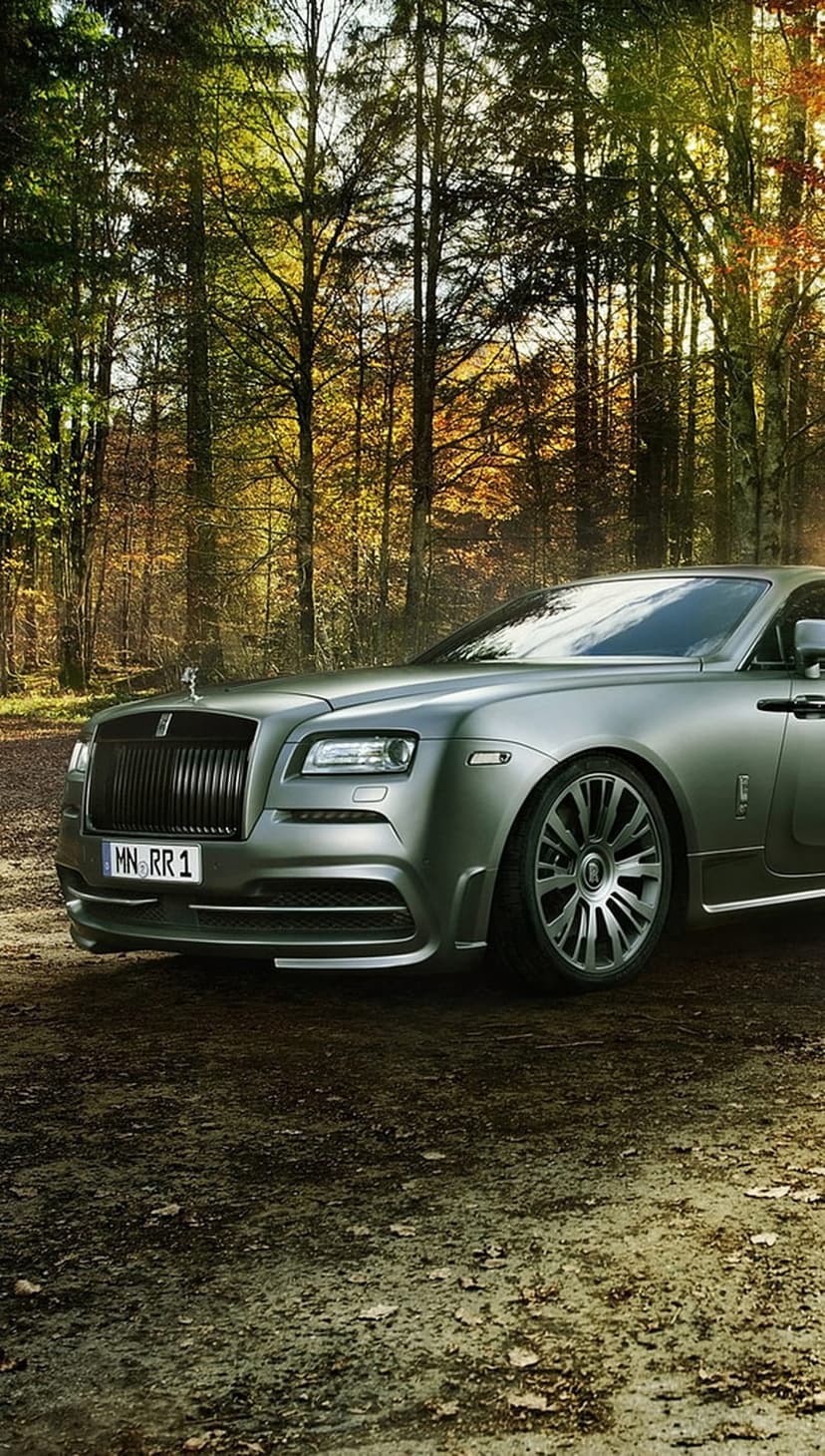 Silver Rolls-Royce Wraith on a dirt path surrounded by orange autumn trees and dappled sunlight in a forest.