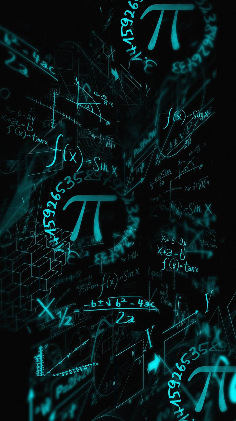 Glowing teal Pi symbol surrounded by intricate mathematical formulas and equations on a dark background.