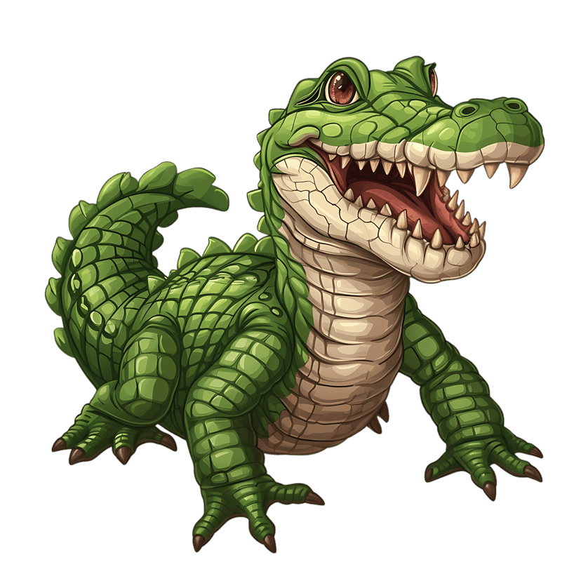 Alligator cartoon character with mouth open showing sharp teeth and vibrant green textured scales.