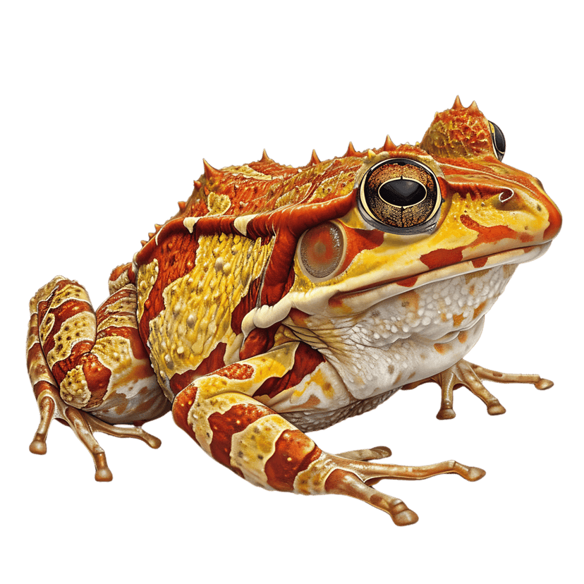 Spiky orange and yellow frog macro close-up reveals textured skin bumps and large golden rimmed eyes.