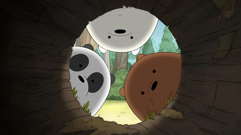 We Bare Bears characters Grizzly Panda and Ice Bear peak from behind a solid border in a flat cartoon style.