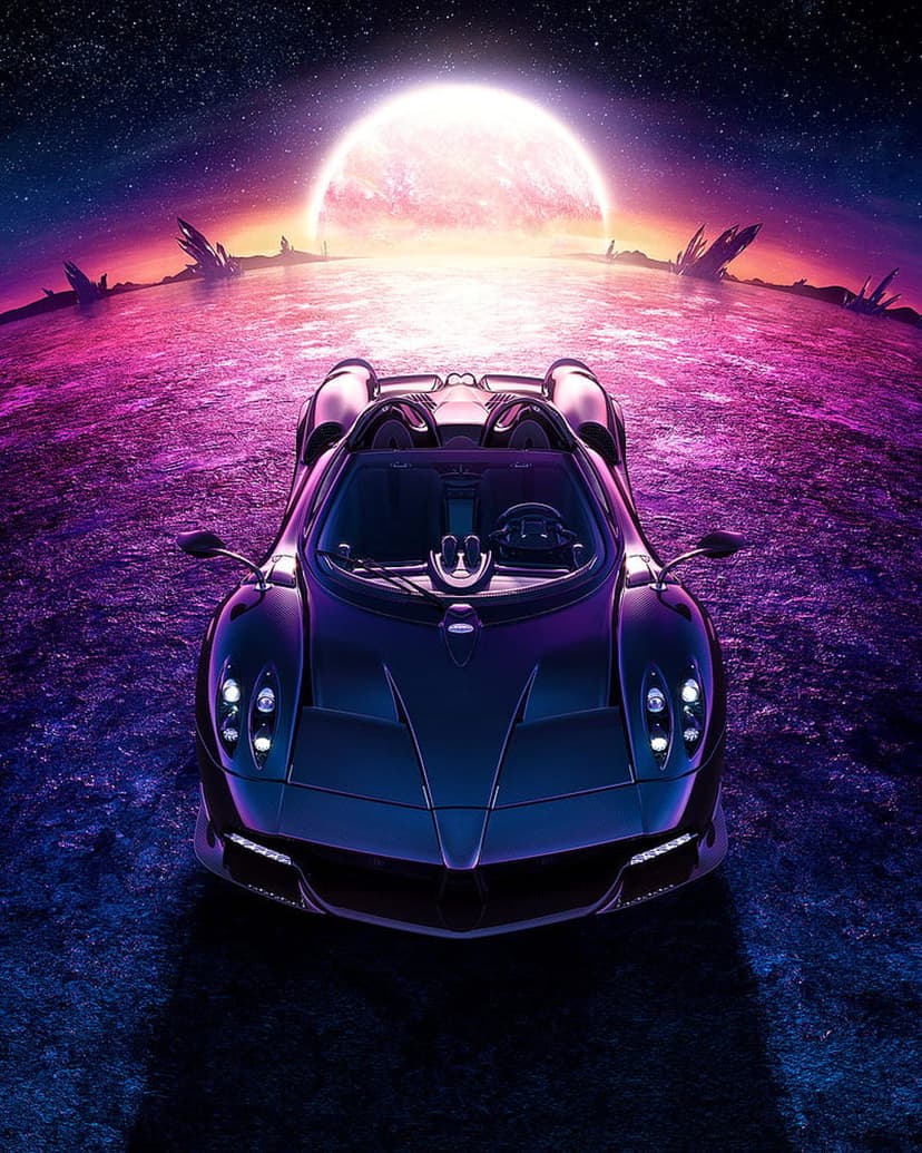 Sleek dark purple hypercar parked on a textured alien planet surface under a colossal glowing moon in the sky.