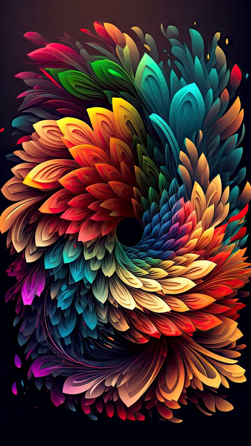 Vibrant rainbow flower petals swirling in a luminous vortex against a deep black background for mobile screens.