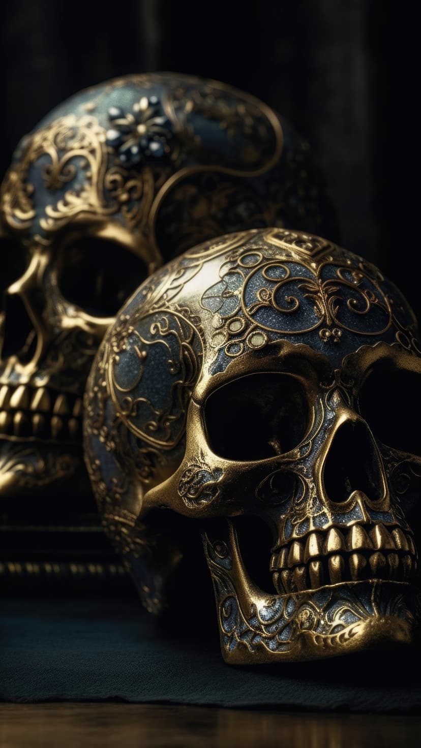Two skulls decorated with golden scrollwork and blue accents against a dark background in vertical orientation.