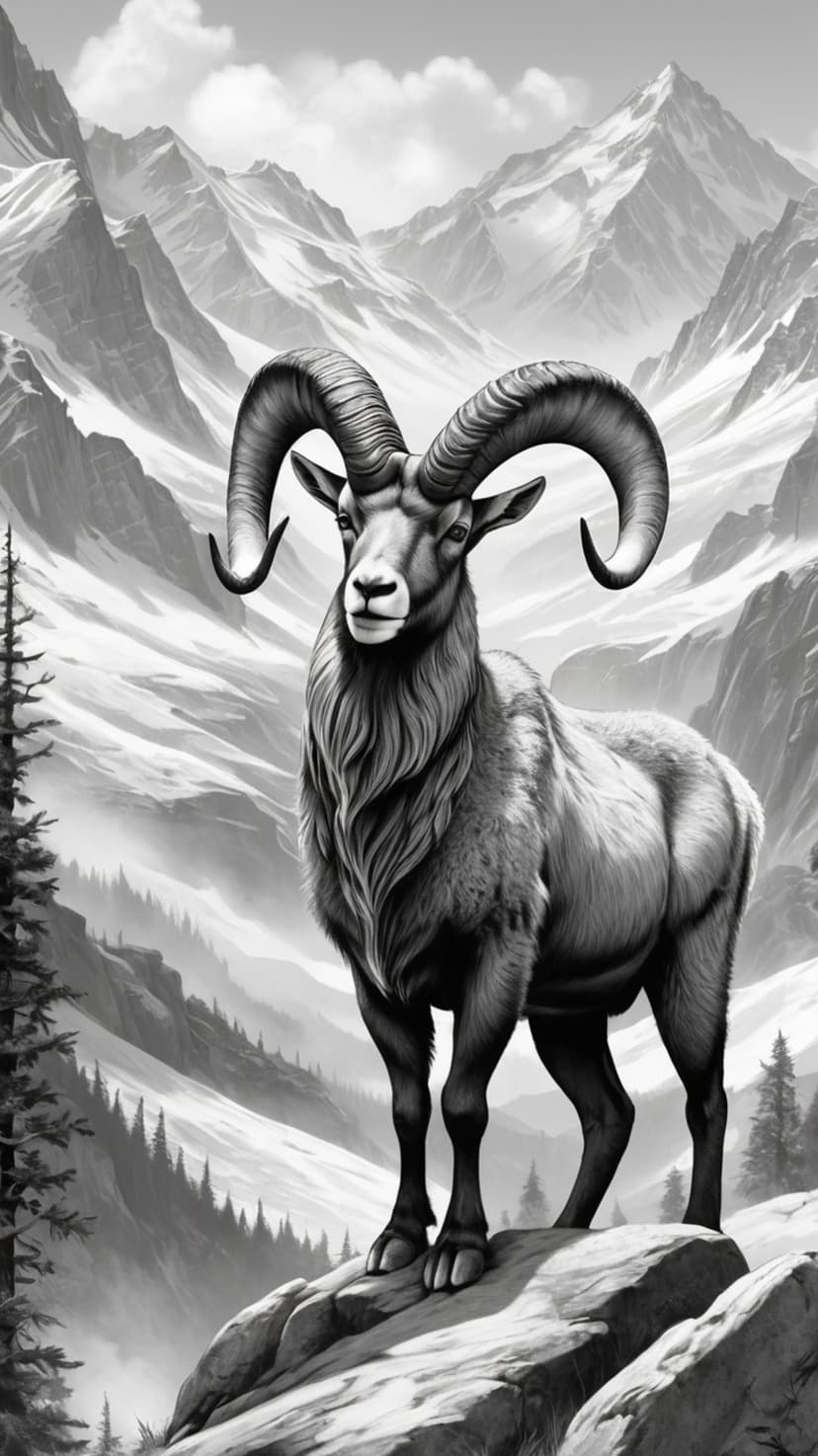 Bighorn sheep with large curved horns stands on a rocky cliff with snowy mountains and pine trees in the background.