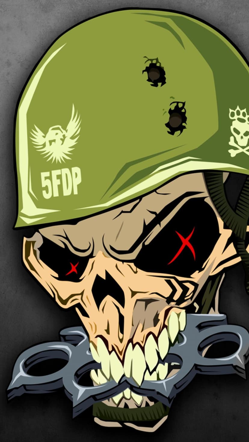 Skull wearing a damaged military helmet clenches brass knuckles while red X symbols glow in its dark eye sockets.