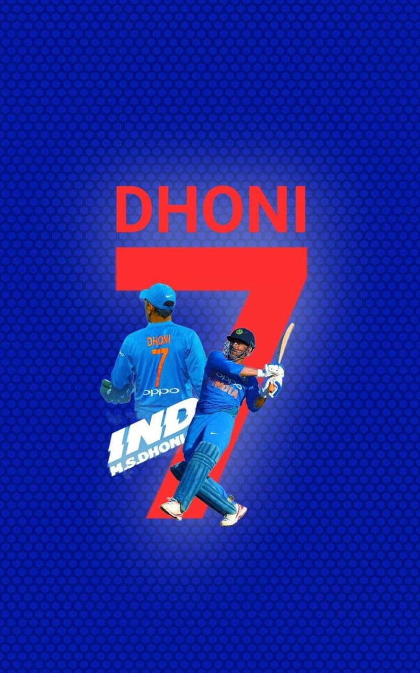 MS Dhoni wears the number 7 blue jersey beside a red batting silhouette and large red numerals on blue.