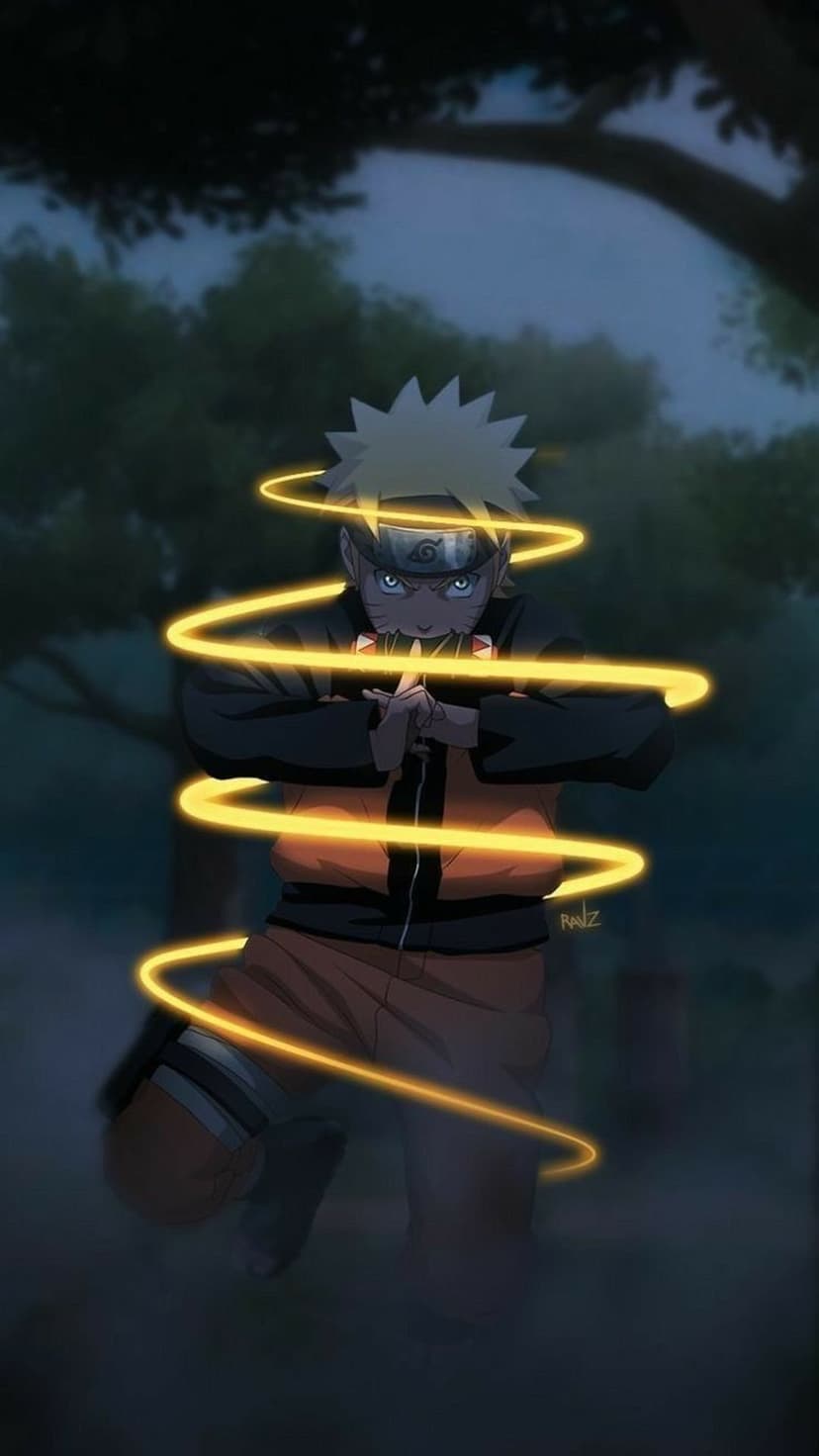 Naruto Uzumaki holds a glowing yellow chakra orb while surrounded by light spirals in a dark forest setting.