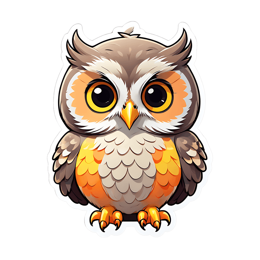 Brown orange owl sticker features front facing wide black eyes and stylized feathers against a white outline.