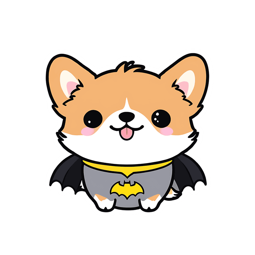 Batman corgi puppy wearing a grey superhero suit and black wings features a yellow belt and matte texture.