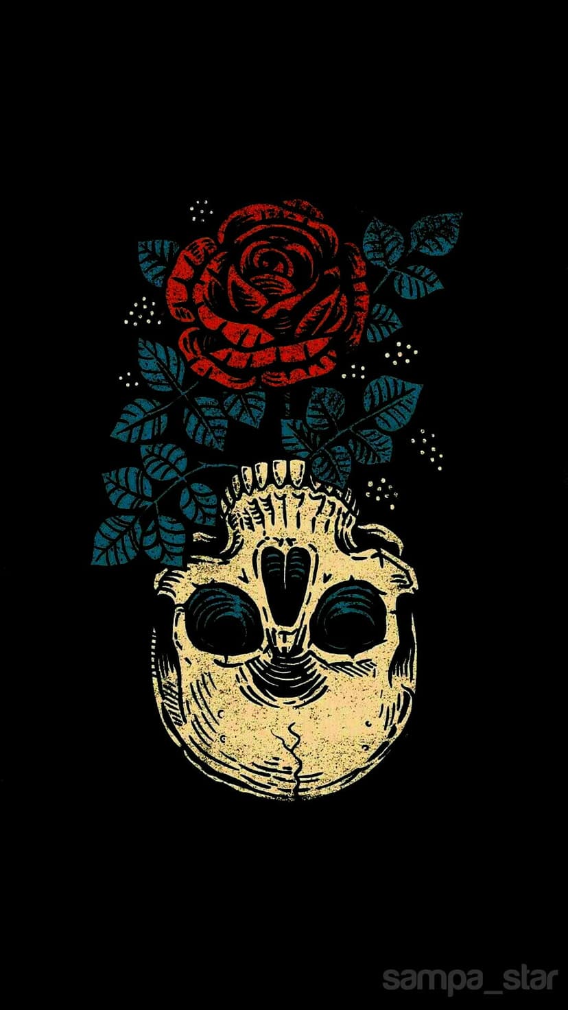 Human skull with a blooming red rose and green leaves centered against a solid black backdrop in vertical format.