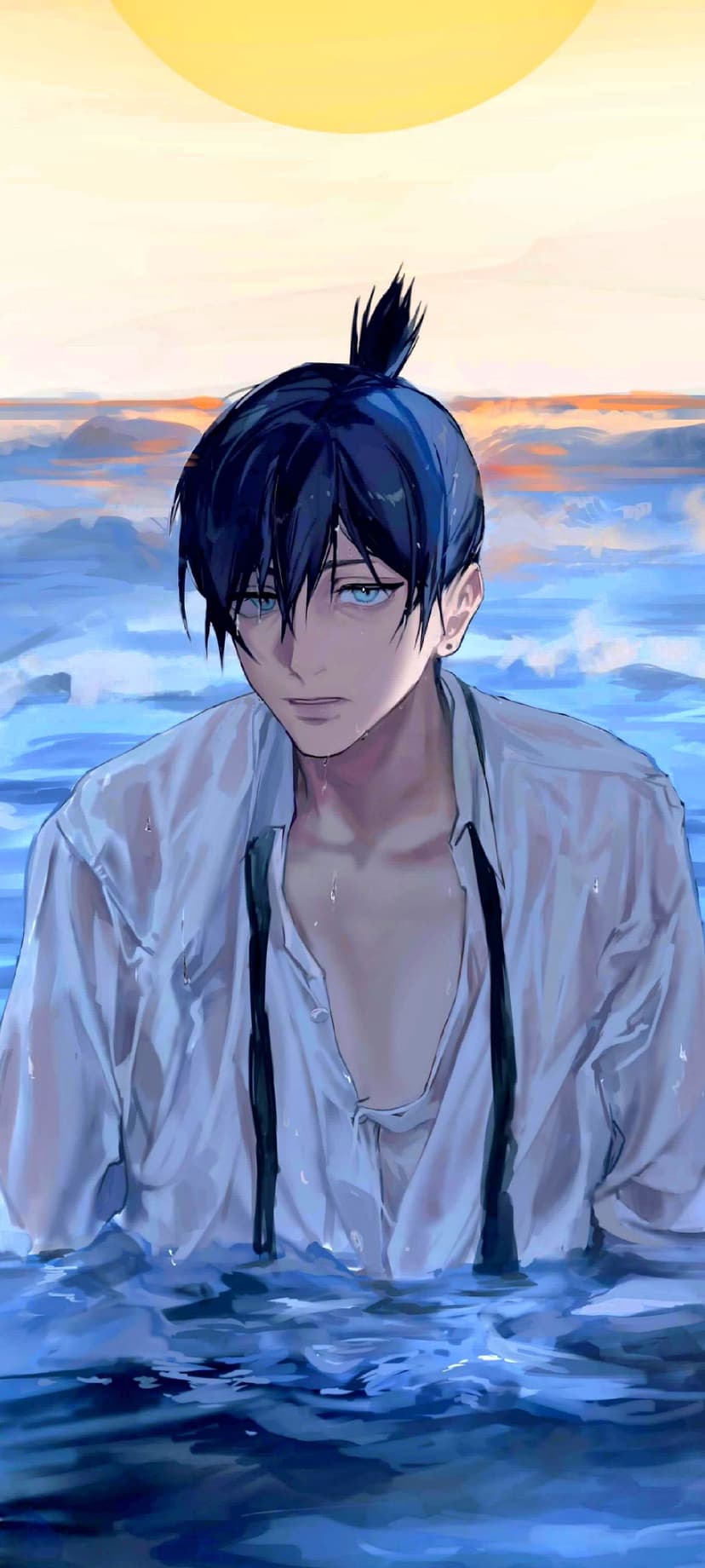 Anime boy with a ponytail and wet white shirt stands in ocean waves under a large yellow sun during sunset.