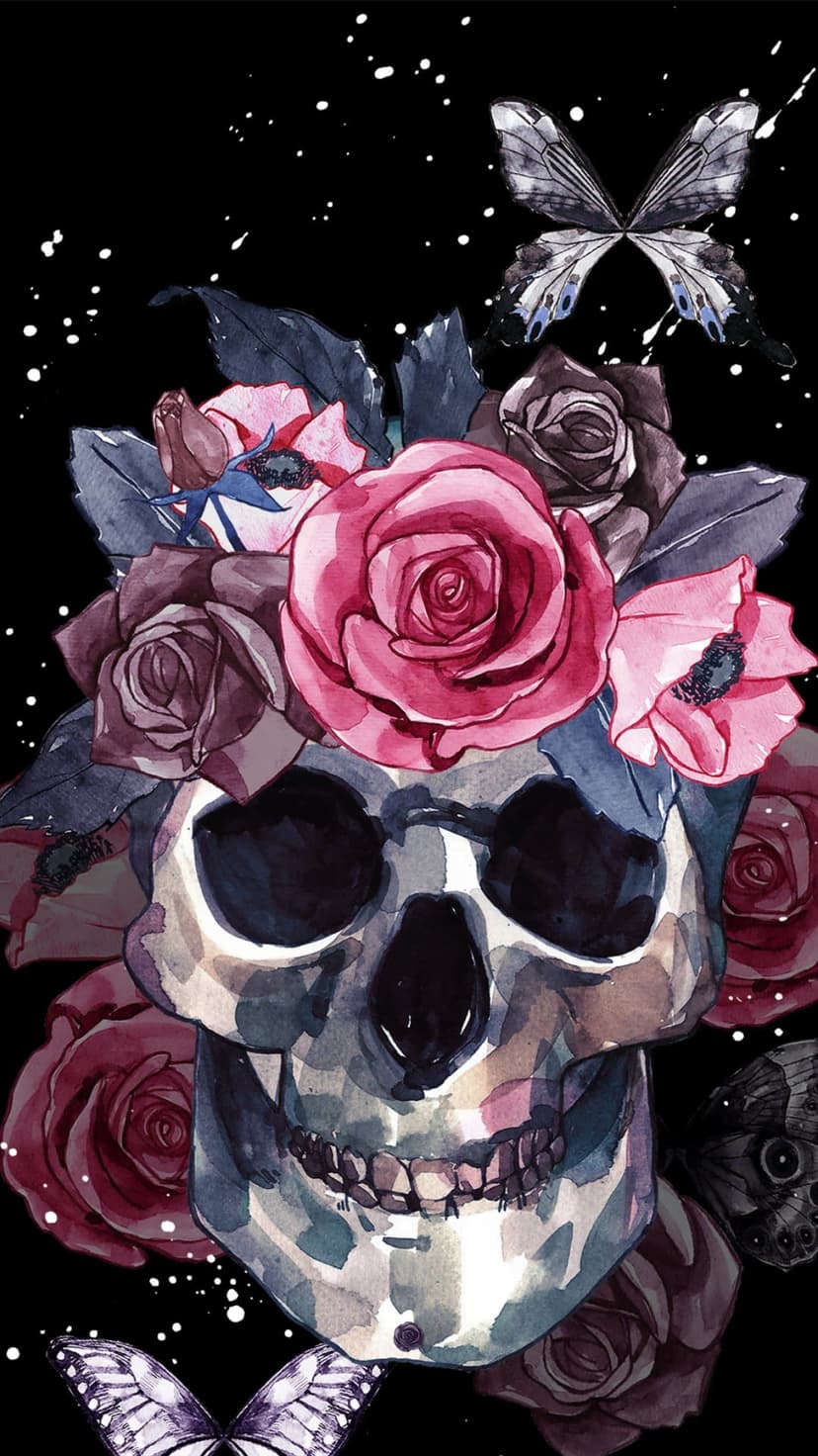 Human skull crowned with pink roses and lavender butterflies against a dark speckled vertical backdrop.