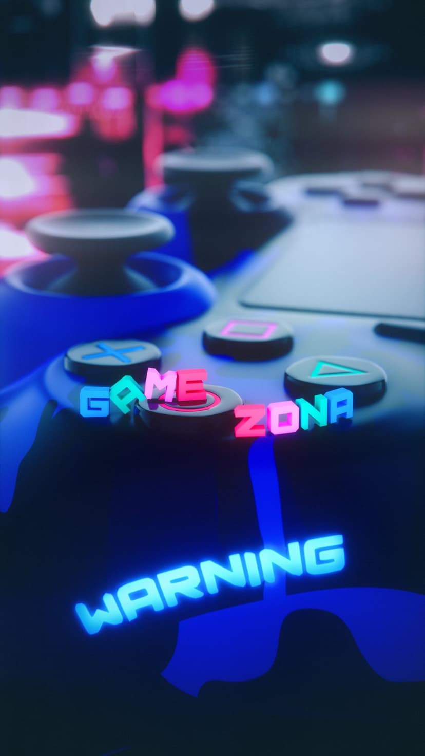 Blue gaming controller with glowing neon Game Zona text and PlayStation symbols on a dark bokeh background.