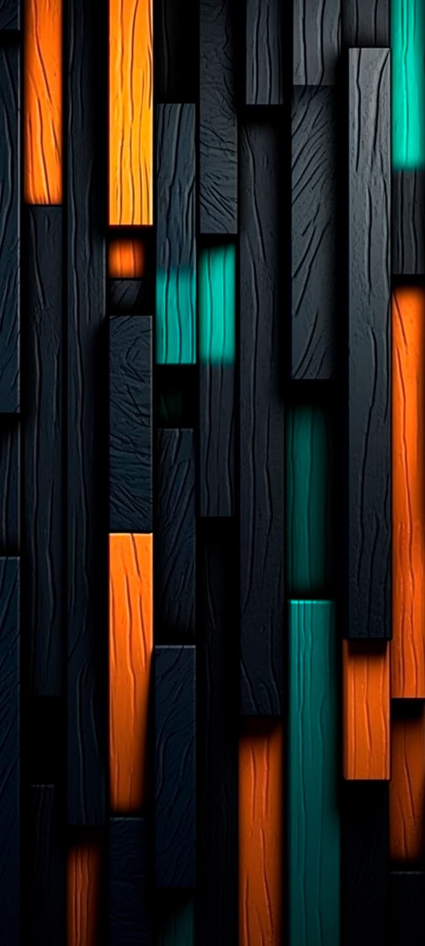 Vertical charcoal wood slats alternate with glowing teal and orange light bars in a rhythmic geometric pattern.