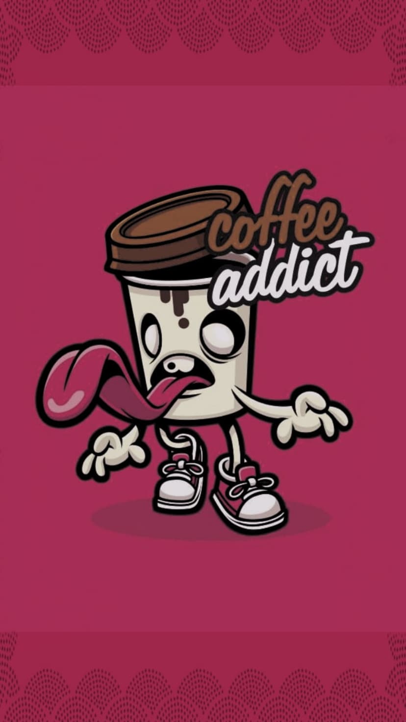 Frantic coffee cup character with rolled eyes and a long tongue against a deep pink background with borders.