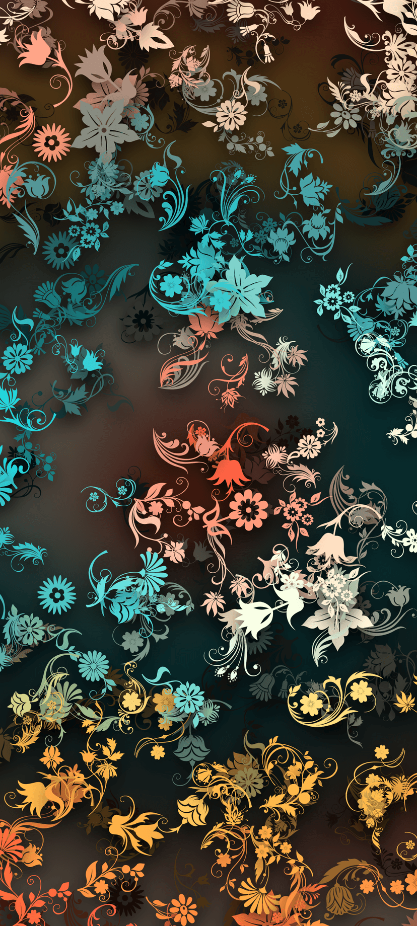 Orange and teal floral vines and swirling patterns form a vertical gradient against a dark, moody background.