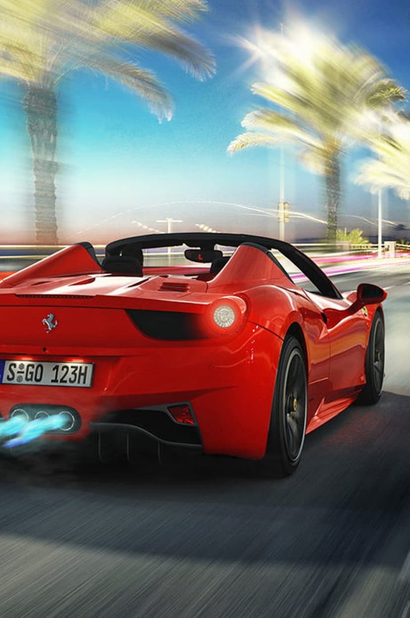 Red Ferrari convertible speeding on a coastal road with motion-blurred palm trees and glowing exhaust flames.