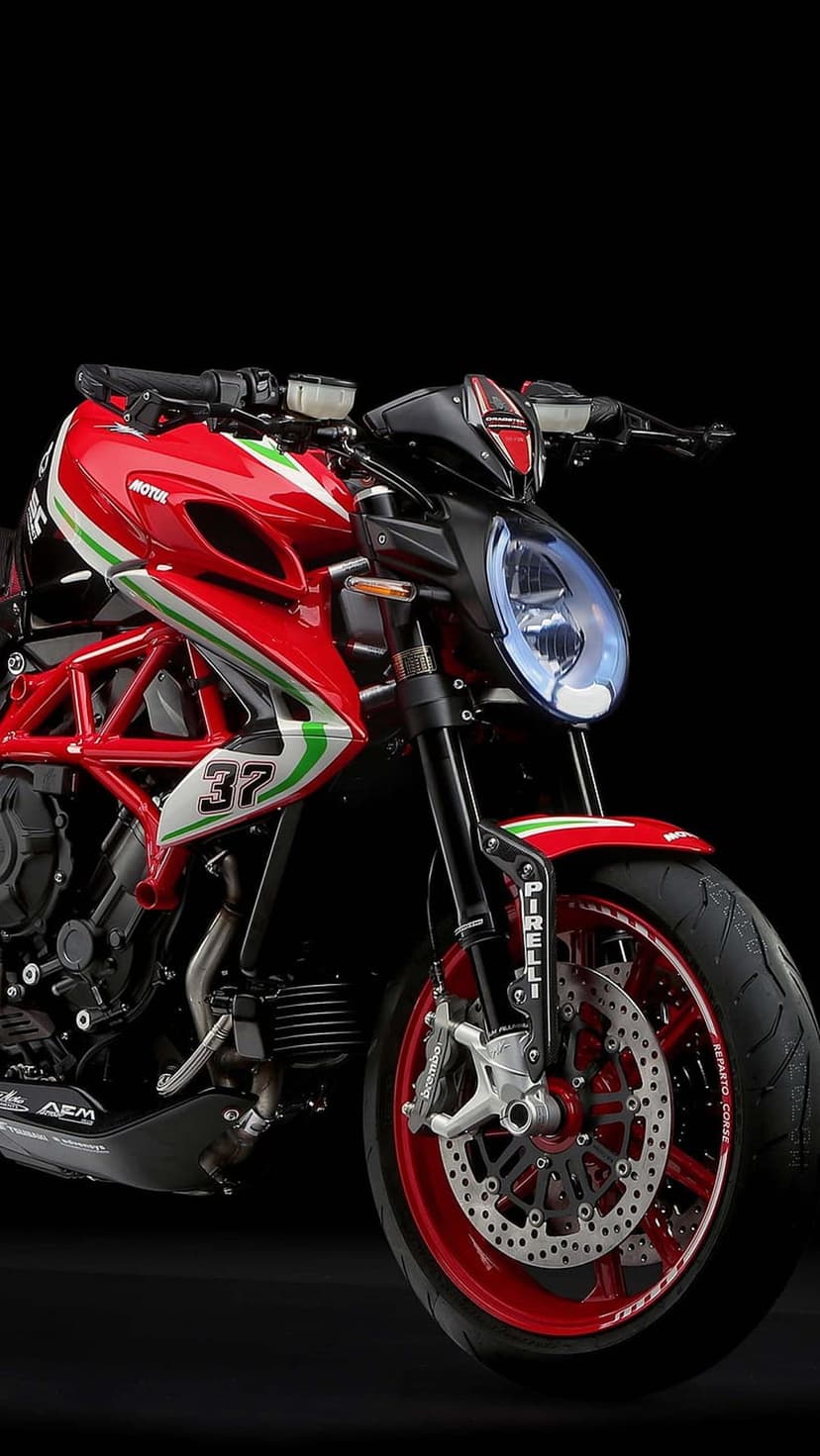 MV Agusta motorcycle in red with black accents, number 37 on the fairing, and a glowing blue LED headlight.