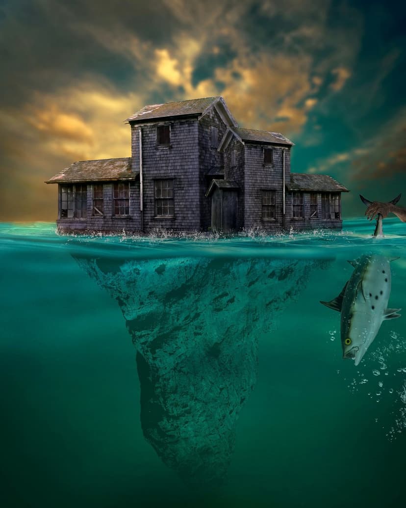 An old wooden house sits on a floating iceberg with a shark fin visible in the dark teal water under a moody sky.