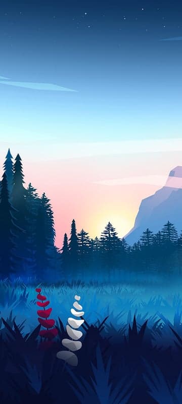 Serene Sunrise Over Forested Mountains with Abstract Flowers