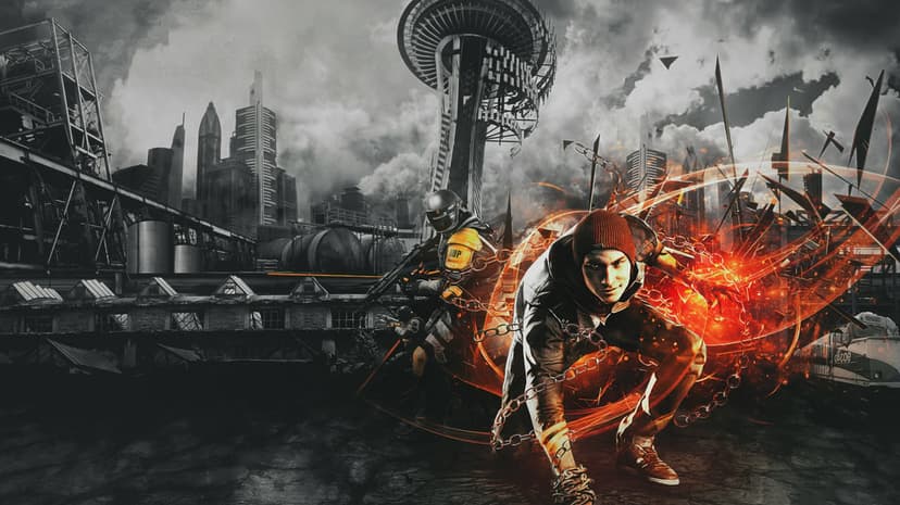Delsin Rowe crouches with glowing orange energy chains against a grayscale Seattle skyline and a DUP soldier.
