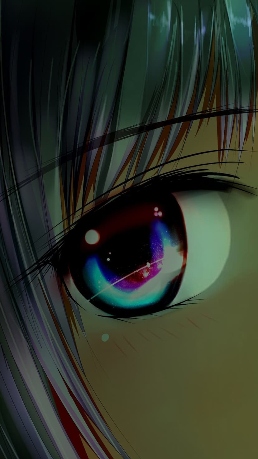 Vibrant purple anime iris containing a shimmering galaxy and star clusters surrounded by dark, thick eyelashes.