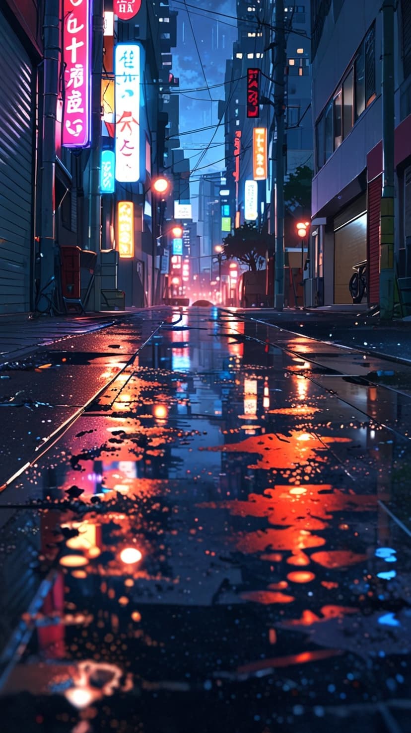 Neon signs reflect in wet asphalt puddles along a dark rainy city street at night under a purple glow.
