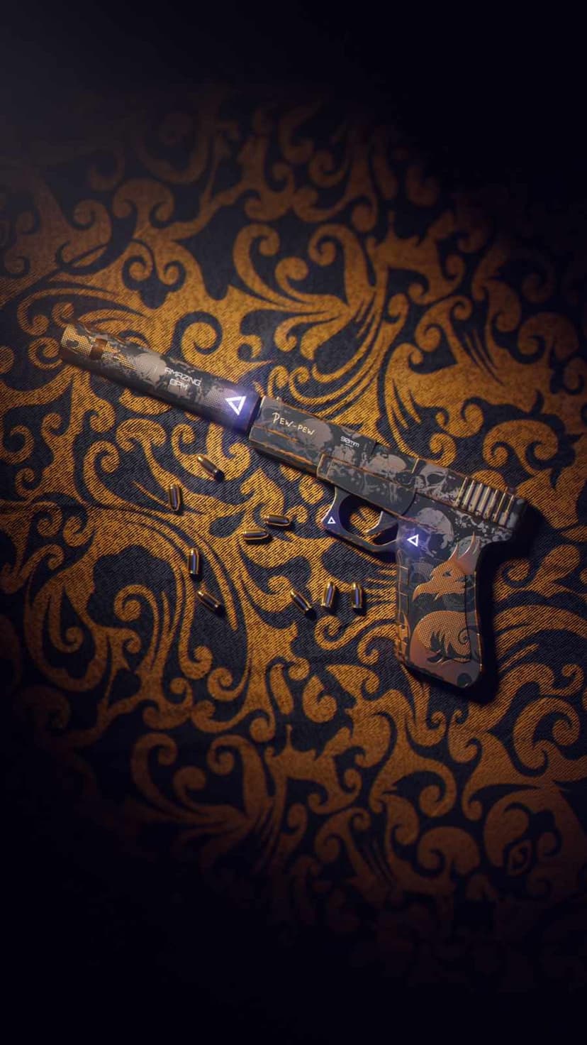 Glock pistol with fox emblem and blue lights sits on black and gold swirling fabric beside scattered bullet shells.