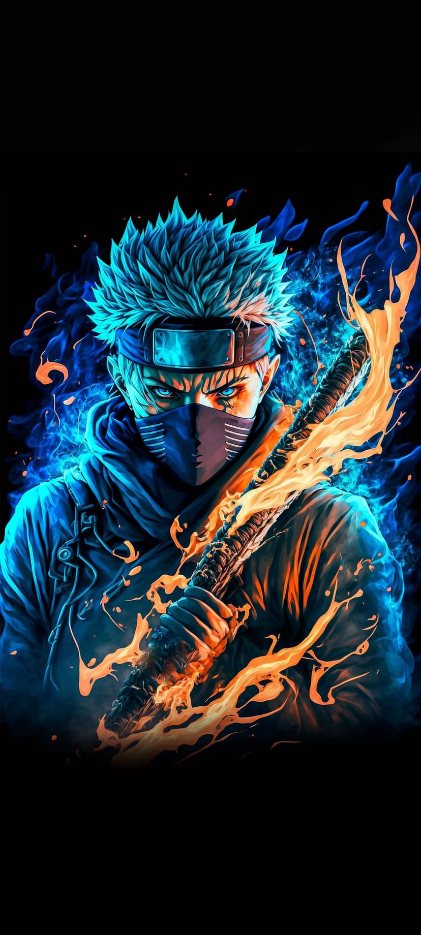 Masked warrior with blue spiky hair holds a sword of orange fire amidst swirling blue energy and neon highlights.